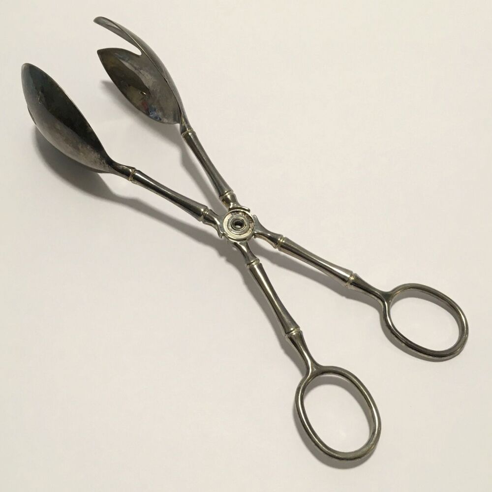 Vintage Bamboo Handle Salad Serving Tongs marked Italy Bamboo Silver Tone 9.5"